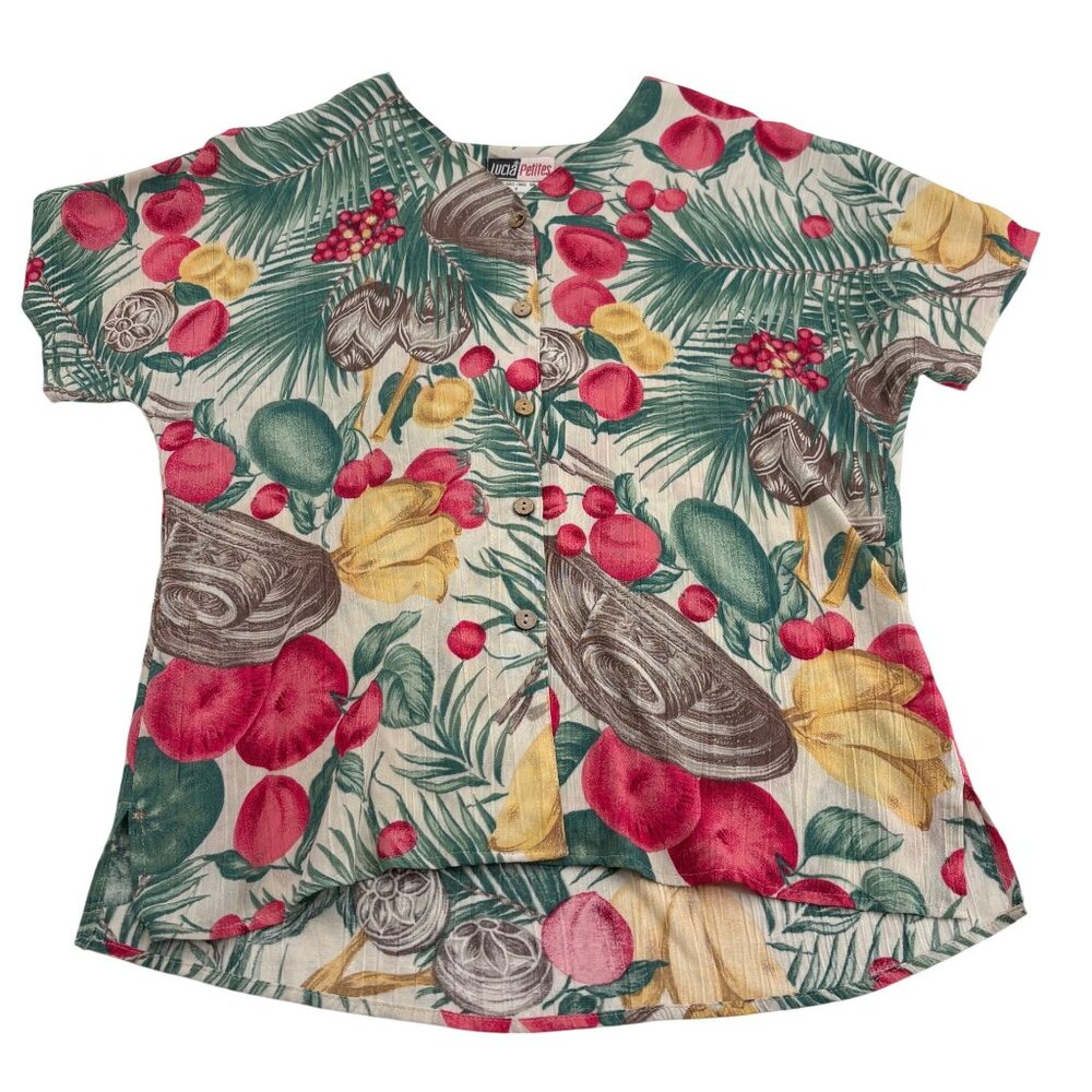 Lucia Petites Vintage 90s Women's Tropical Fruit Print Button-Front Shirt‎ Small